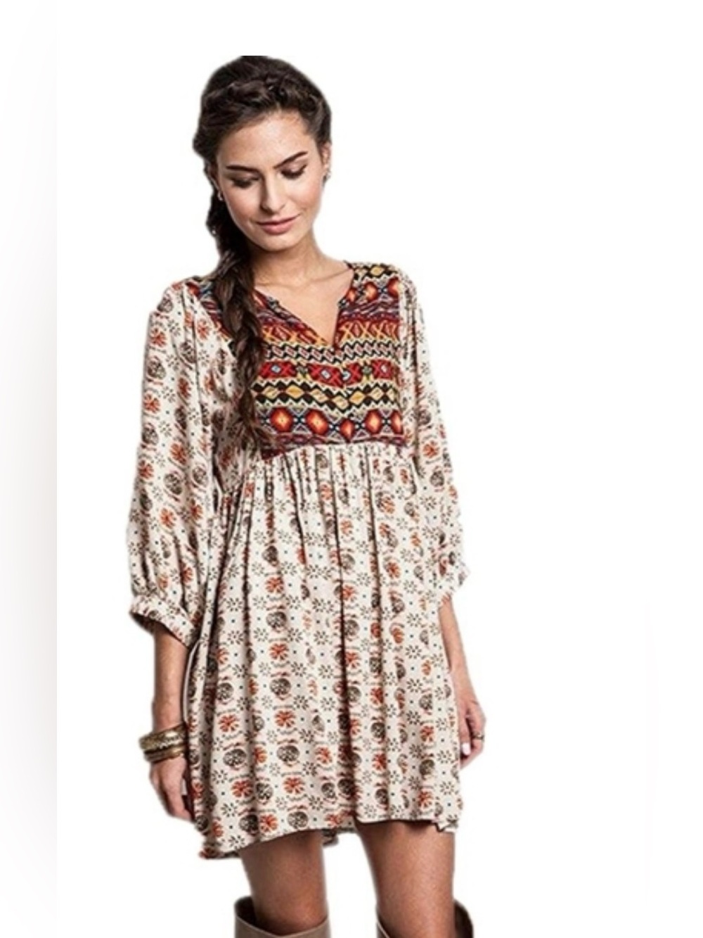 Umgee Ivory Boho Printed Babydoll Dress with Multicolor Embroidered Yoke Size Sm
